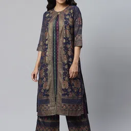 AURELIA Women Blue Printed Pleated Kurta with Palazzos-image-81