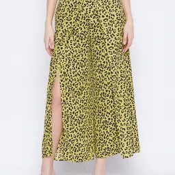 PURYS Women Mustard Yellow Animal Printed Relaxed Flared Parallel Trousers With Slit-image-66