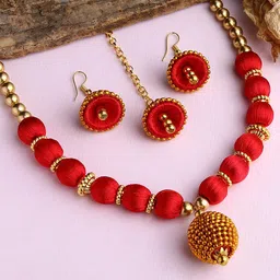 AKSHARA Gold-Plated & Red Stone-Studded & Beaded Wooden Balls Silk Thread Jewellery Set-image-83
