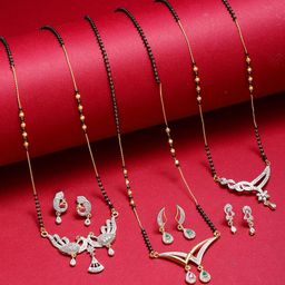 ZENEME Set Of 3 Gold-Plated Black Beaded White AD Studded Mangalsutra With Earring Set-16
