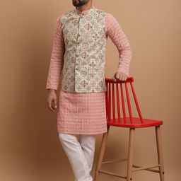 SOJANYA Ethnic Motifs Embroidered Pure Cotton Kurta With Pyjamas & Nehru Jacket-picture-13