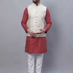 SOJANYA Embroidered Straight Kurta With Churidar And Nehru Jacket-picture-13