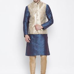 VASTRAMAY Men Blue & Beige Self Design Kurta with Churidar & Jacket-image-37