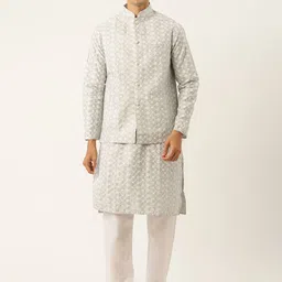 SOJANYA Men Grey Ethnic Motifs Embroidered Thread Work Kurta with Churidar & Nehru Jacket-picture-18