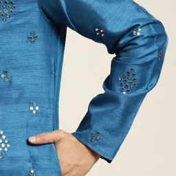 SOJANYA Men Blue Mirror Work Kurta with Pyjamas & Nehru Jacket image 3