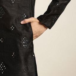 SOJANYA Men Black Mirror Work Kurta with Pyjamas & Nehru Jacket image 2