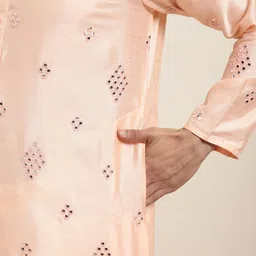 SOJANYA Men Peach-Coloured Mirror Work Kurta with Churidar & Nehru Jacket image 3