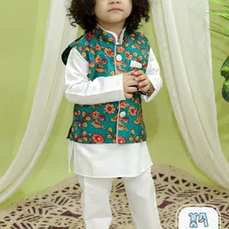 BownBee Boys Mandarin Collar Regular Kurta with Pyjamas And Printed Nehru Jacket-2