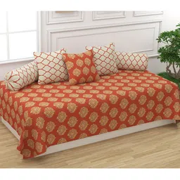 Trance Home Linen Red & Beige Printed 200 TC Pure Cotton Diwan Set-image-6