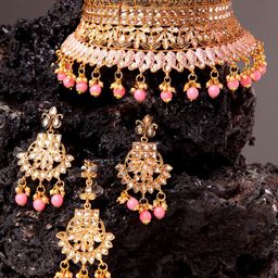 ANIKAS CREATION Gold-Plated & Pink Handcrafted Bridal Look Enamelled Jewellery Set-image-32