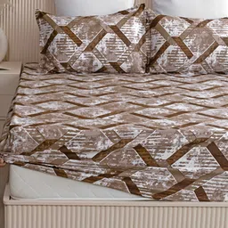 HOMEMONDE Camel Brown Printed Cotton 210 TC Fitted King Bedsheet with 2 Pillow Covers-15
