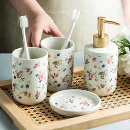 USHA SHRIRAM White 4 Pieces Ceramic Printed Bath Accessories Set-image-5