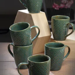 Arrabi Green 6 Pieces Dishwasher Safe Textured Ceramic Glossy Mugs 250 ML Each-30