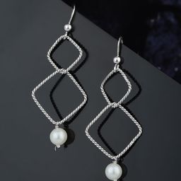 Carlton London Silver-Toned & White Rhodium-Plated Beaded Diamond Shaped Drop Earrings-19