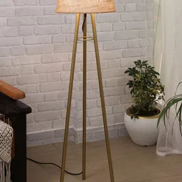 Homesake Beige & Gold Toned Contemporary Tripod Floor Lamp With Jute Shade-0