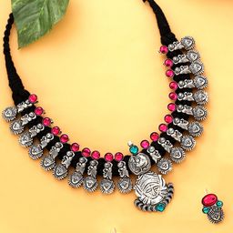 Yellow Chimes Oxidised Silver-Plated Red & Green Maharashtrian Antique Jewellery Set-35