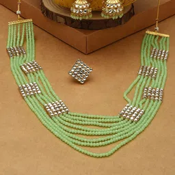 Zaveri Pearls Gold- Plated Green & White Stone Studded & Beaded Jewellery Set-18