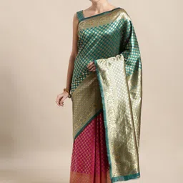 HERE&NOW Ethnic Motifs Zari Silk Blend Half and Half Banarasi Saree-picture-54