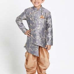 VASTRAMAY Boys Grey & Brown Printed Sherwani With Dhoti Pants-3