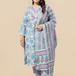 MIRCHI FASHION Sea Green Plus Size Printed Pure Cotton Kurta & Trousers With Dupatta-image-66