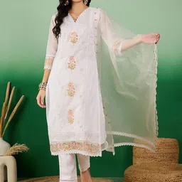 Sangria White Floral Embroidered Sequence Organza  Straight Kurta & Trousers With Dupatta-image-42