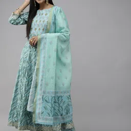 Yufta Women Blue Printed Panelled Pure Cotton Kurta with Trousers & With Dupatta-image-23