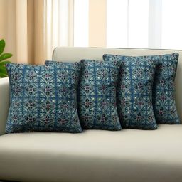 Peepul Tree Blue 4 Pieces Ethnic Motifs Embroidered Cotton Square Cushion Covers-22
