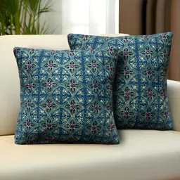 Peepul Tree Blue & Red 2 Pieces Ethnic Motifs Embroidered Cotton Square Cushion Covers-18
