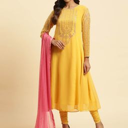 WISHFUL Ethnic Motifs Yoke Design Mirror Work Anarkali Kurta With Leggings & Dupatta-image-23