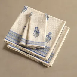 Peepul Tree Off White & Blue 4 Pieces Printed Cotton 300 GSM Towel Set-77