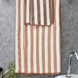 CURIOUS LIFESTYLE Brown & White 4 Pieces Striped 600 GSM Towel Set-44