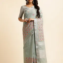 ALAGINI Floral Embroidered Pure Linen Chanderi Saree-picture-34