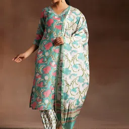 Libas Floral Printed Regular Beads and Stones Pure Cotton Kurta with Salwar & Dupatta-image-70