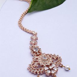 KARATCART Rose Gold-Plated White CZ-Studded Handcrafted Maang Tikka-7