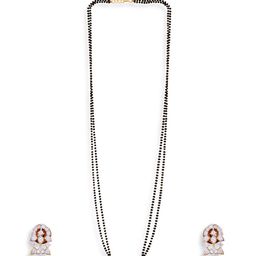ABDESIGNS Gold-Plated AD-Studded & Beaded Long Mangalsutra With Earrings-8