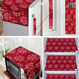E-Retailer 7 Pcs Maroon & Pink Floral Printed Fridge Oven & Fridge Mat Appliance Covers-49