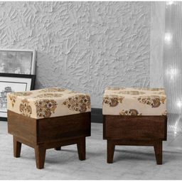 GLOBALLY INDIAN Set of 2 Off White & Brown Printed Mango Wood Ottomans-39