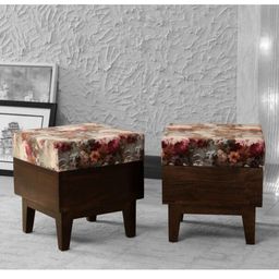 Globally Indian Set of 2 Multi-Coloured Mango Wood Ottomans-27