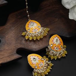Jazz and Sizzle Gold-Plated Kundan-Studded Meenakari Maang Tika & Drop Earrings-21
