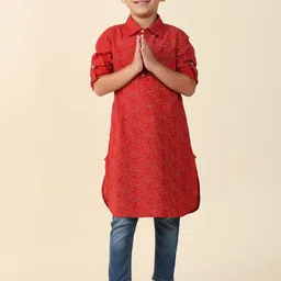 Fabindia Boys Abstract Printed Shirt Collar Cotton Kurta-picture-3
