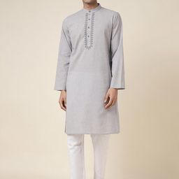 Fabindia Band Collar Thread Work Pure Cotton Kurta-image-72
