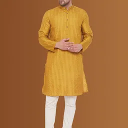 even Men Thread Work Pathani Kurta-image-34