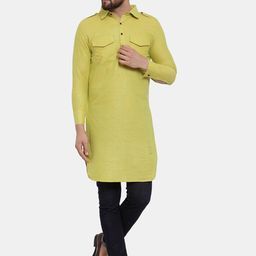 Enchanted Drapes Men Green Pure Cotton Pathani Kurta-image-4