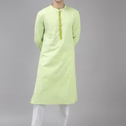 See Designs Men Lime Green Geometric Printed Pure Cotton A-line Kurta-picture-12