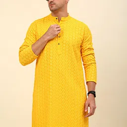 Anouk Yellow Ethnic Motifs Sequinned Embroidered Pure Cotton Kurta-image-11