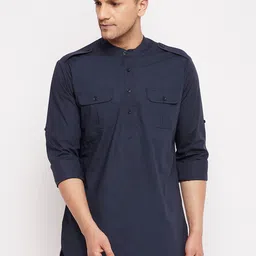 Hypernation Men Navy Blue Thread Work Pathani Kurta-picture-46