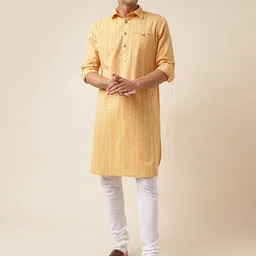 Fabindia Striped  Roll-Up Sleeves Cotton Dobby Pathani Kurta-image-27