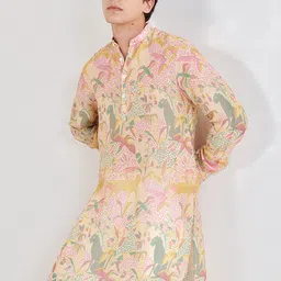 QB MEN Floral Printed Band Collar Straight Silk Kurta-32