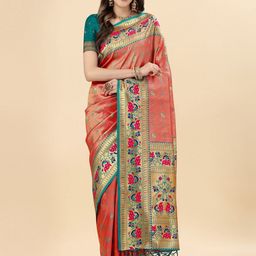 Mitera Orange & Green Ethnic Motifs Woven Design Zari Pure Silk Paithani Saree-54