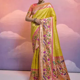 VISHNU WEAVES Ethnic Motifs Woven Design Zari Pure Silk Paithani Saree-20